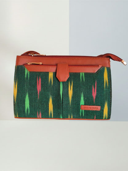 Style and Culture Handcrafted Emerald Ikat & Tan Vegan Leather Crossbody Sling Bag Inspired By Indian Textiles