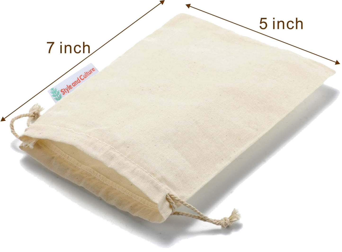 Style and Culture Cotton Drawstring Bags, Muslin Bags (5 by 7 inch) Gift Bags, Party Favor Bags, Cotton Pouches, Sachet Bag,Fabric Bags,Cloth Bags(10 Pieces) (10)