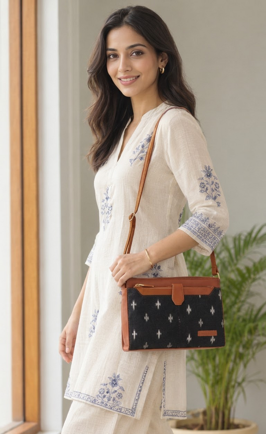 Style and Culture Handcrafted Black Ikat Everyday Sling Bag Inspired By Indian Textiles