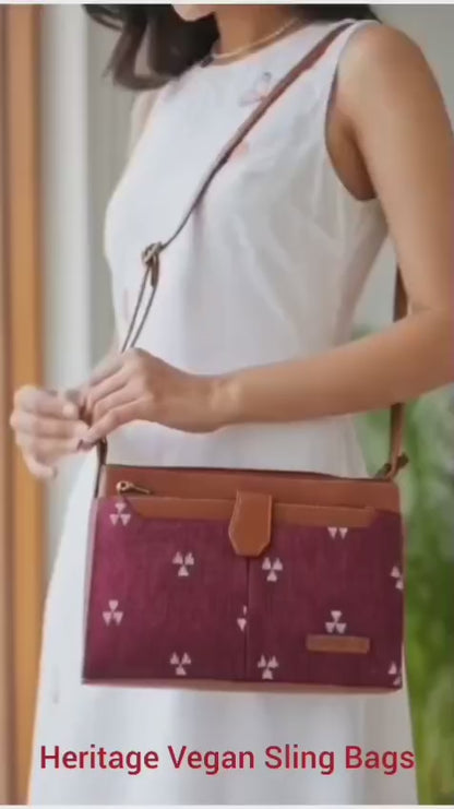 Style and Culture Handcrafted Maroon Ikat weave Vegan Sling Bag Inspired By Indian Textiles