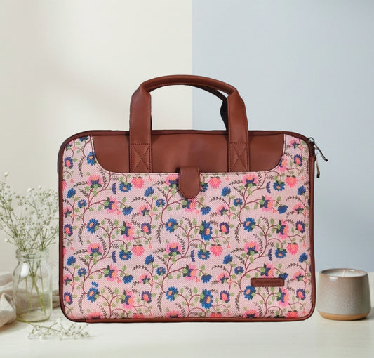 Handcrafted Floral Paithani inspired print Vegan Leather L Zipper Laptop Sleeve 15.6 inch