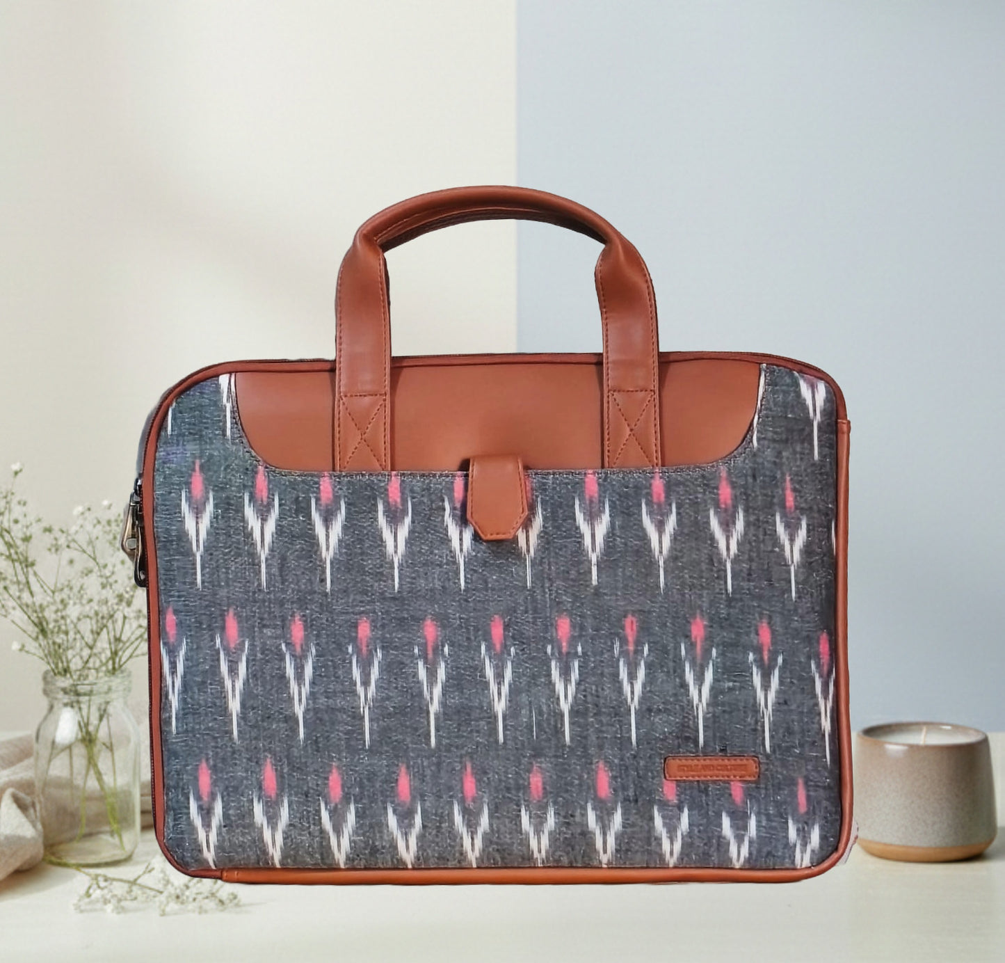 Handcrafted Ikkat Laptop Sleeve with Vegan Leather Handle L Zipper Laptop Sleeve 15.6 inch