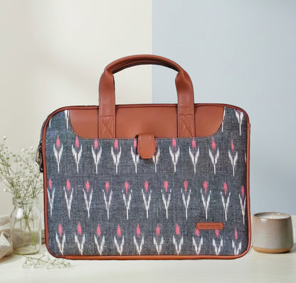 Handcrafted Ikkat Laptop Sleeve with Vegan Leather Handle L Zipper Laptop Sleeve 15.6 inch