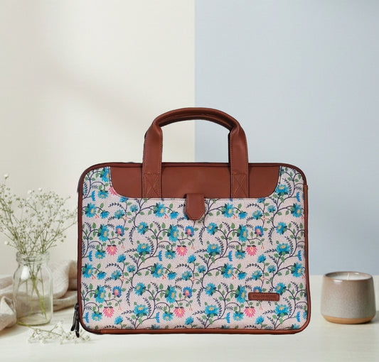 Handcrafted Floral Paithani inspired print Vegan Leather L Zipper Laptop Sleeve 15.6 inch