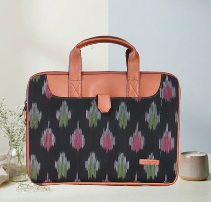 Handcrafted Ikkat Laptop Sleeve with Vegan Leather Handle L Zipper Laptop Sleeve 15.6 inch