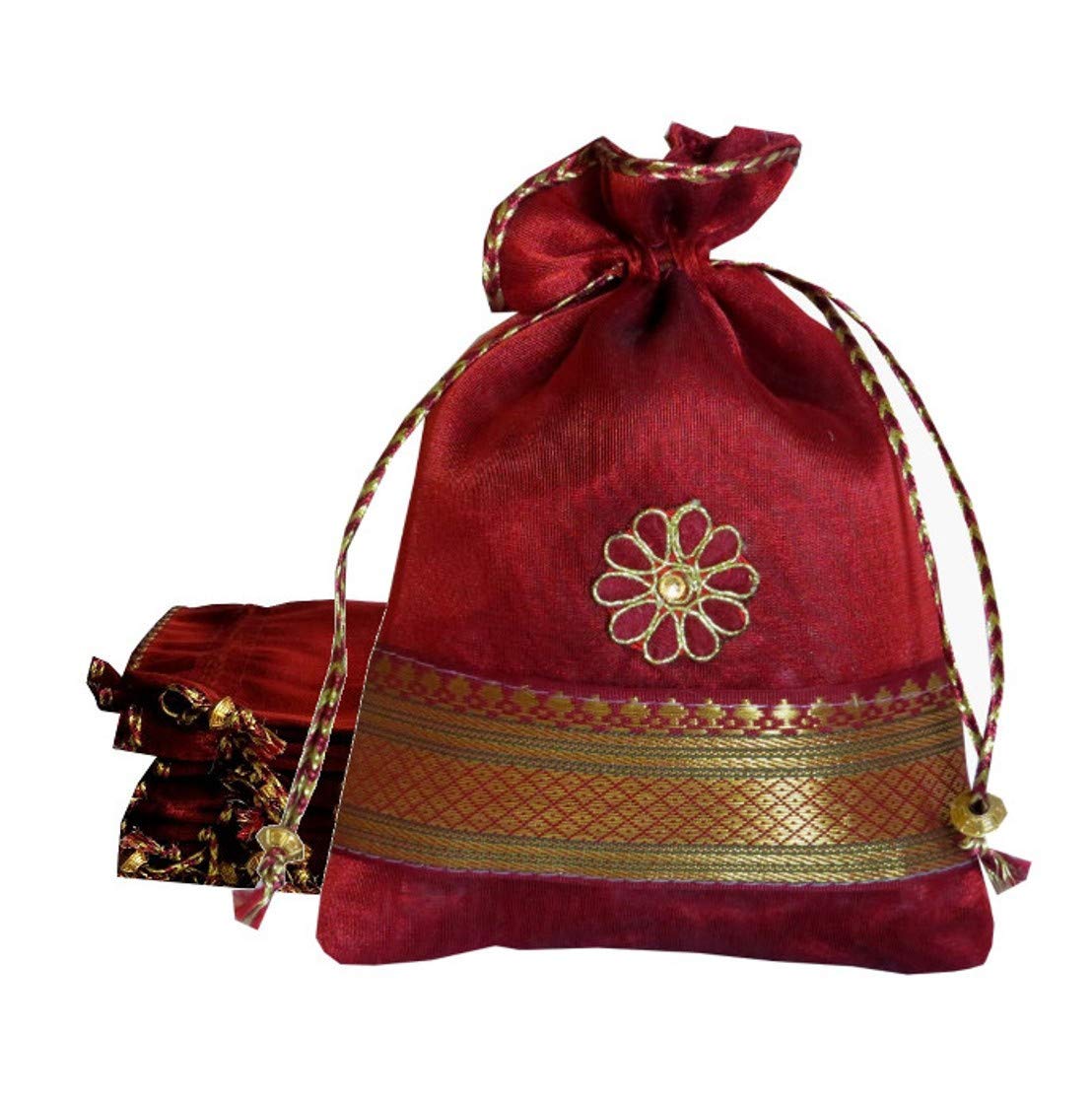 Ethnic Silk Potli Maroon color with floral broach (Pack of 10 pcs)