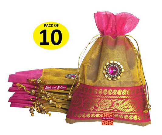 Ehnic Silk Potli Pink with broach embellishment (Pack of 10 pcs)